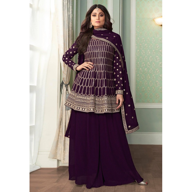 Shamita Shetty Plum Peplon Style Embroidered Palazzo Suit