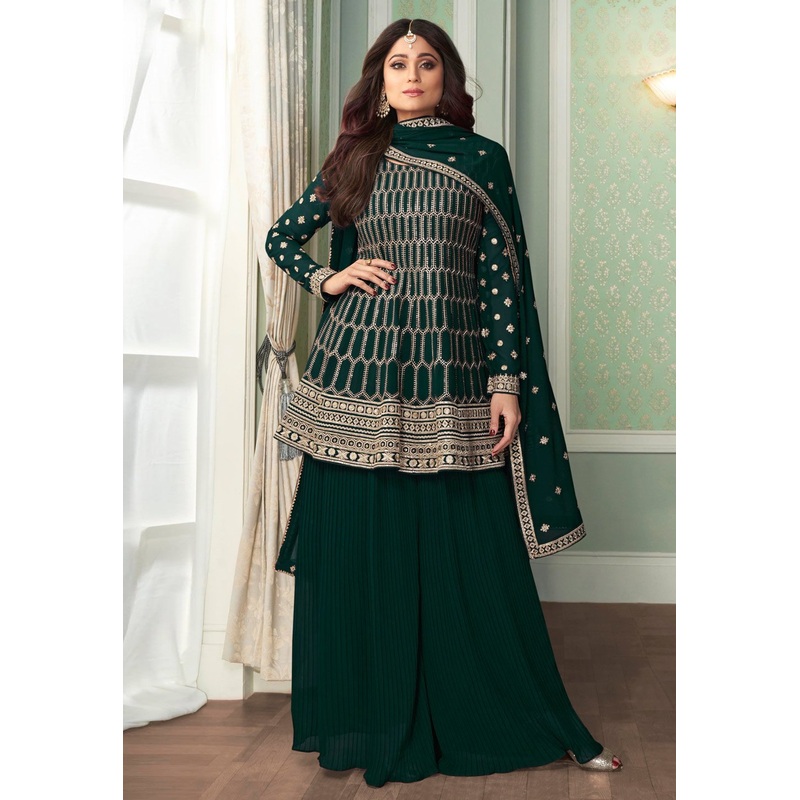 Shamita Shetty Teal Green Peplon Style Embroidered Palazzo Suit