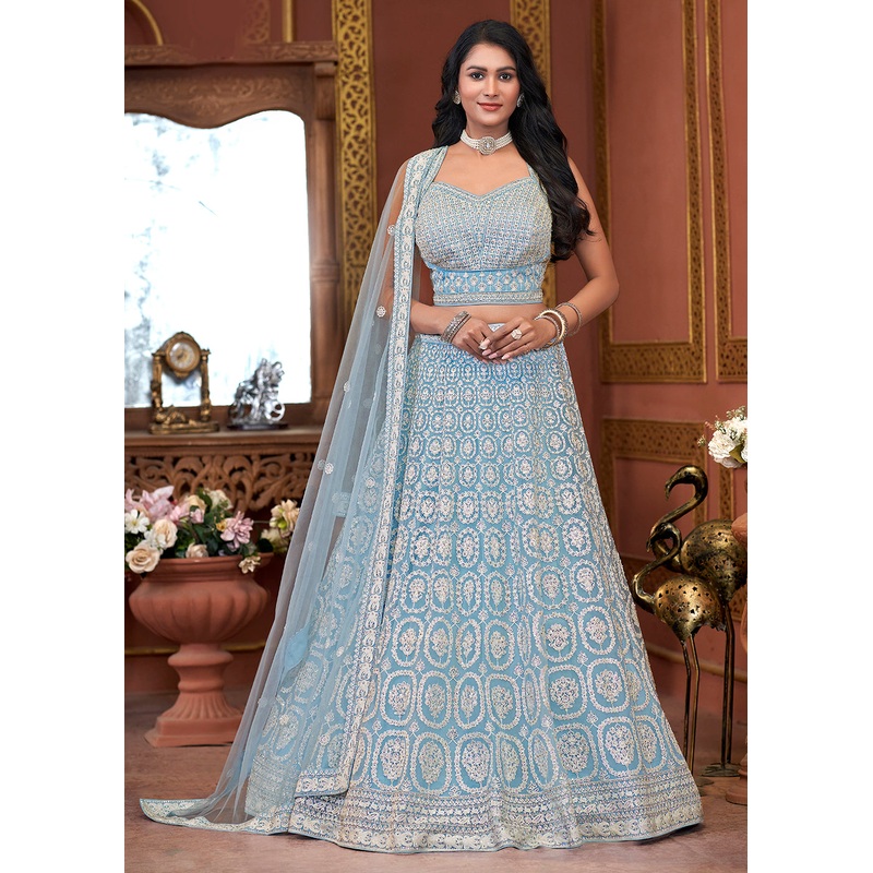 Sky Blue Heavy Embroidered Wedding Wear Lehenga Choli
