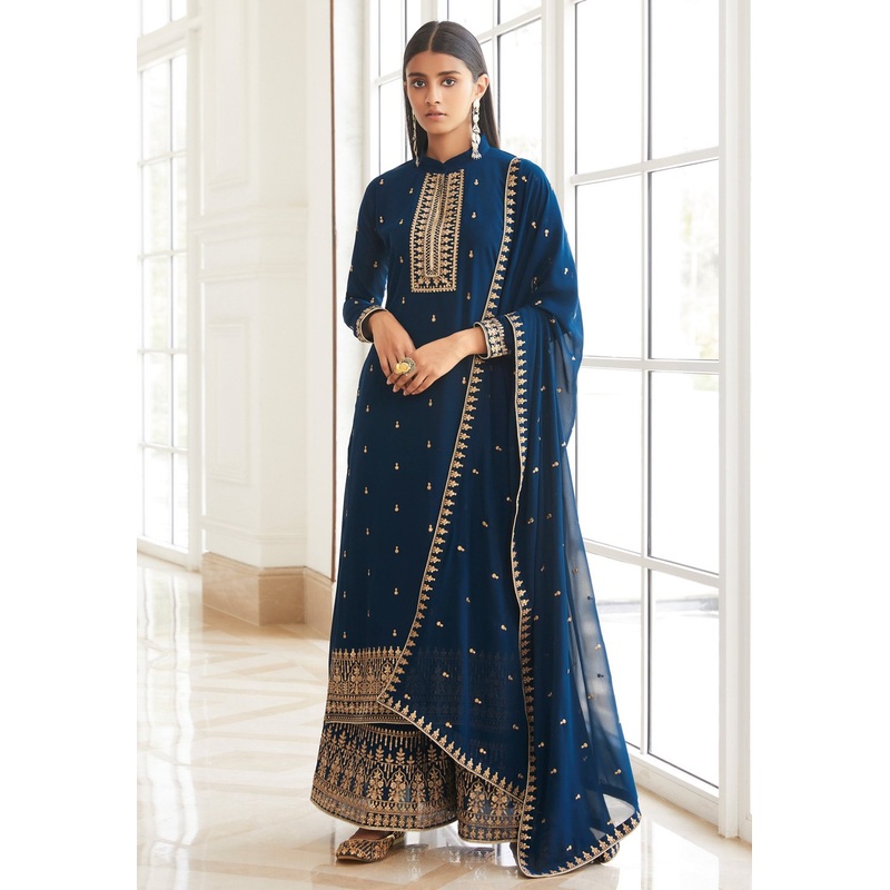 Splendid Blue Zari Embroidered Flared Palazzo Suit