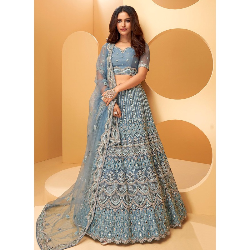 Steel Blue Hand Work Embroidered Bridal Lehenga Choli