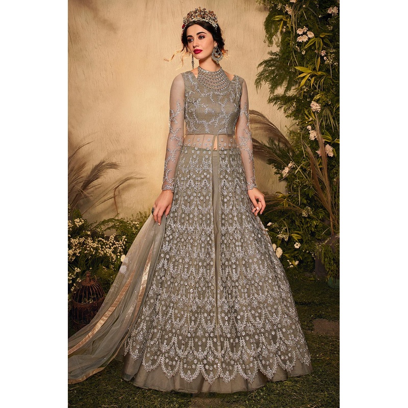 Taupe Grey Zari Embroidered Net Anarkali Suit