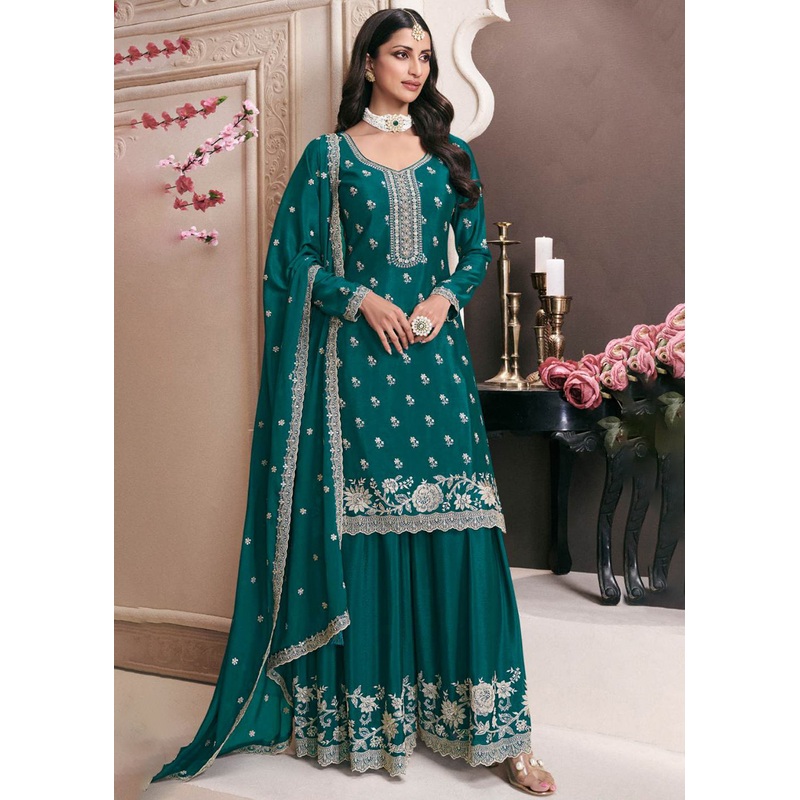 Teal Designer Thread Embroidered Wedding Sharara Suit