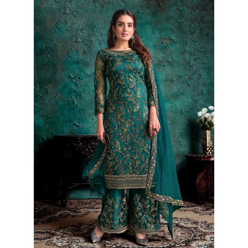 Teal Green Net Designer Fancy Pakistani Style Suit