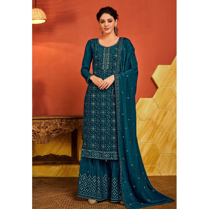Turquoise Chinnon Sequins Embroidered Palazzo Suit