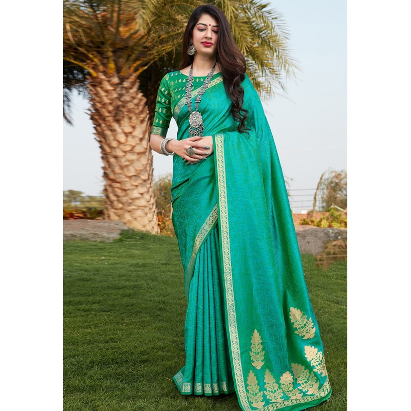 Turquoise Green Banarasi Woven Silk Traditional Saree