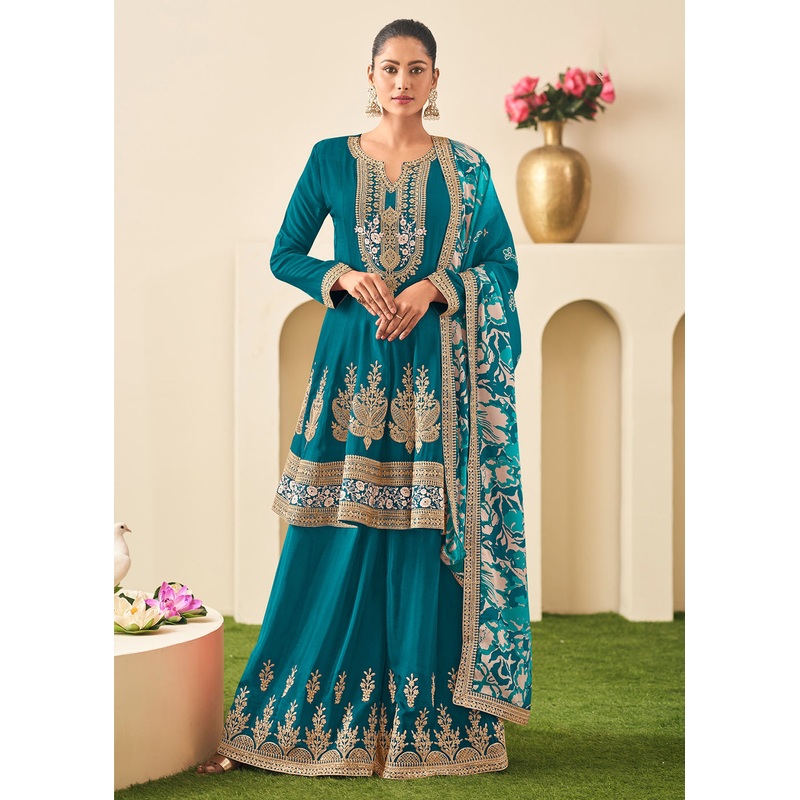 Wedding Festive Teal Blue Embroidered Palazzo Suit