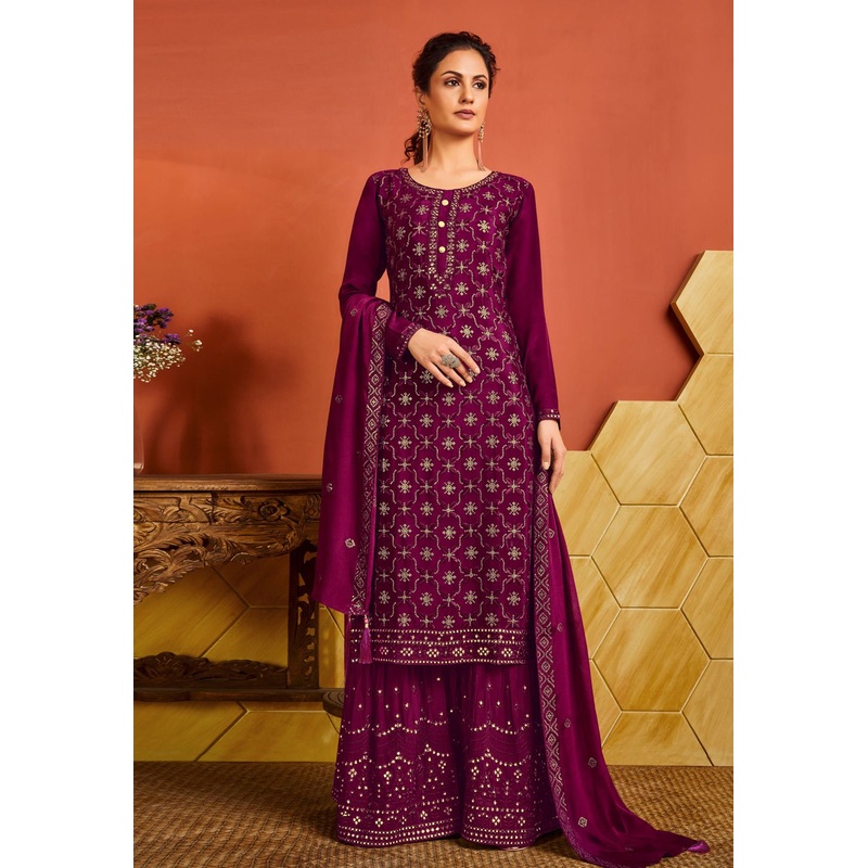 Wine Chinnon Sequins Embroidered Palazzo Suit