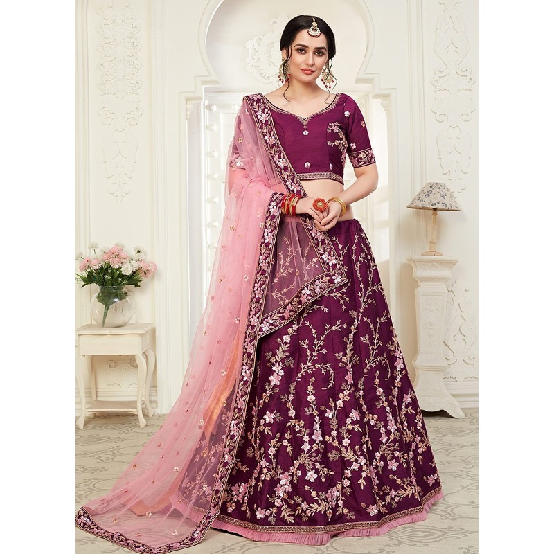 Wine Floral Embroidered Art Silk Lehenga Choli