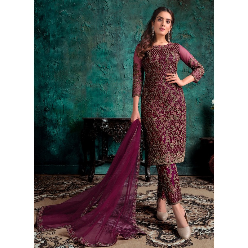 Wine Net Designer Fancy Pakistani Style Suit