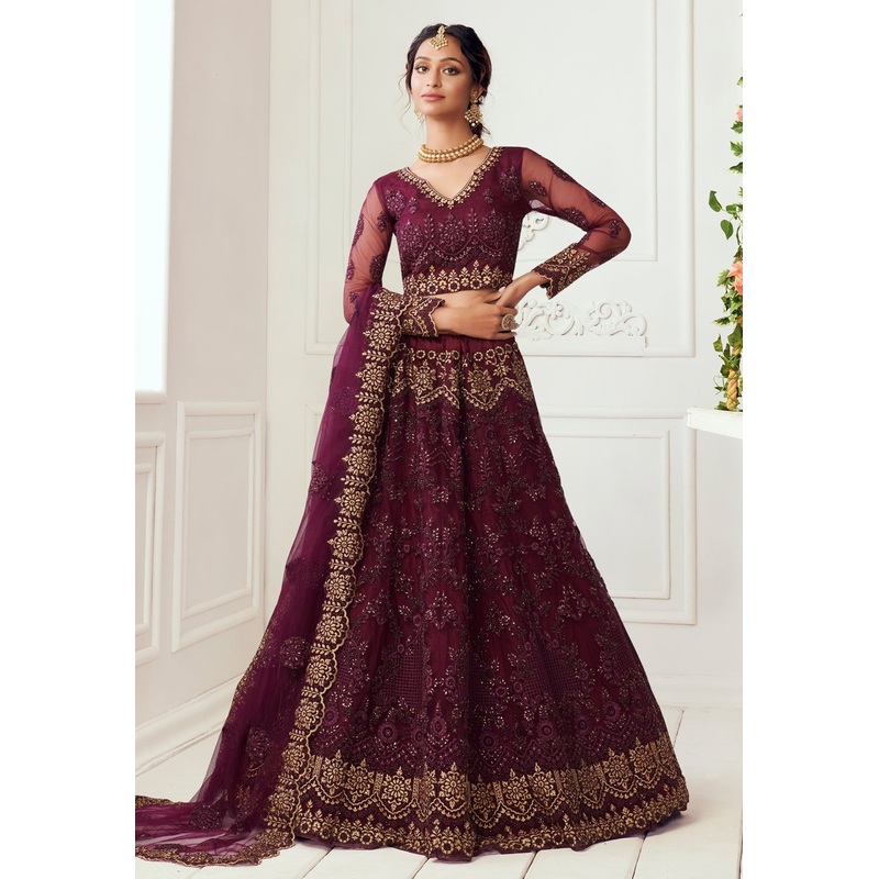 Wine Net Embroidered Wedding Lehenga Choli