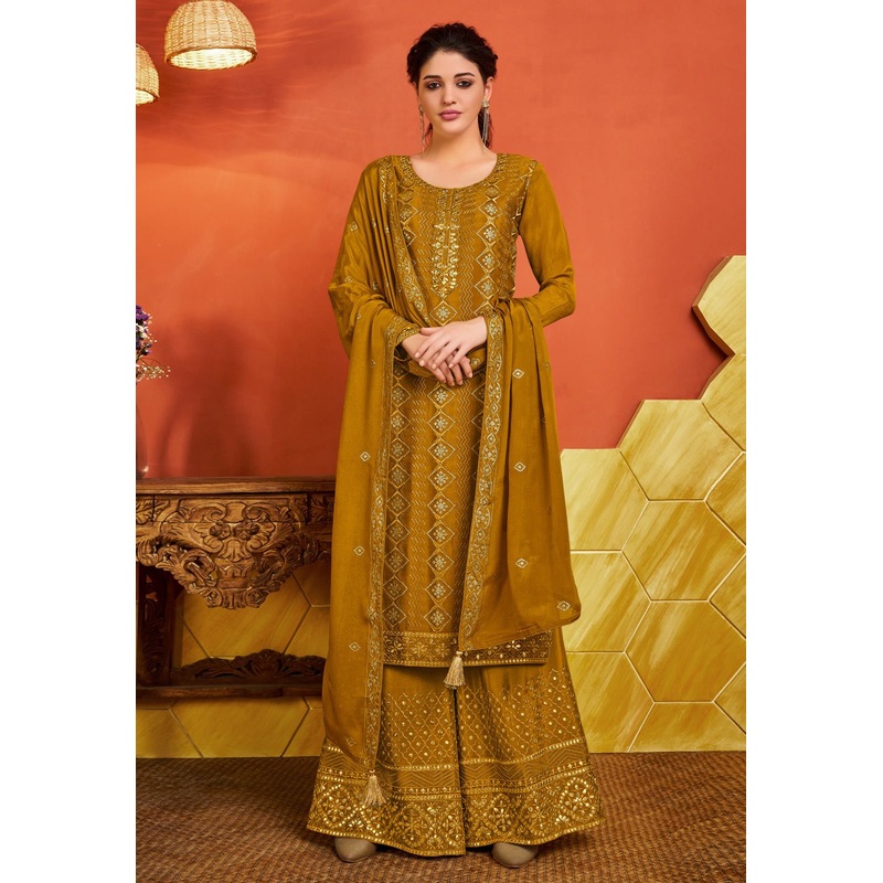 Yellow Chinnon Sequins Embroidered Palazzo Suit