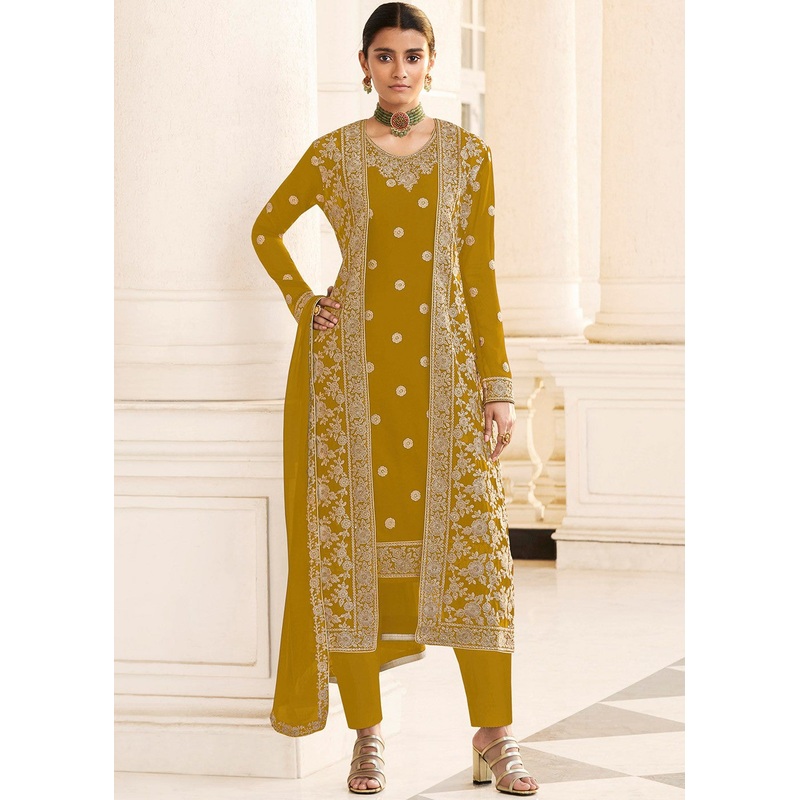 Yellow Designer Georgette Embroidered Jacket Style Suit