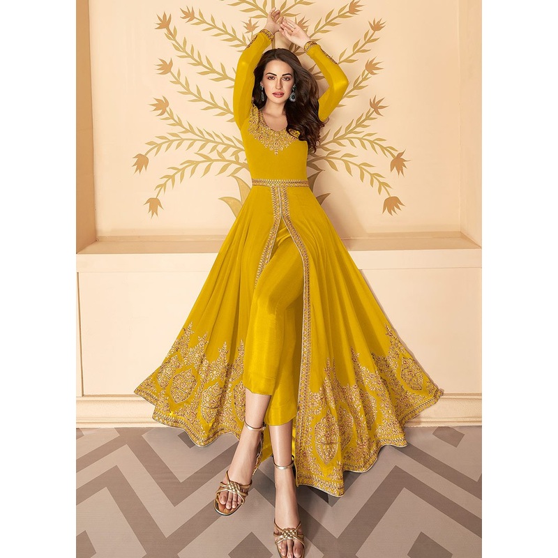 Yellow Front Slit Party Wear Anarkali Suit