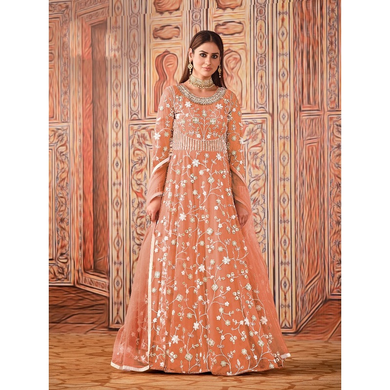 Abaya Style Peach Thread Floor Length Anarkali Suit