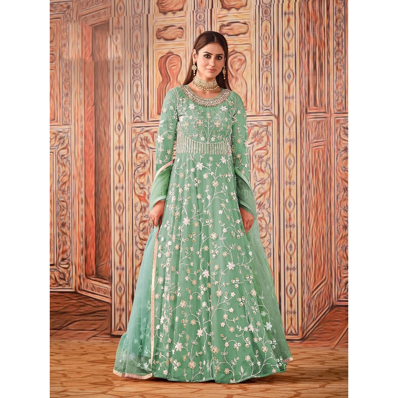 Abaya Style Sea Green Thread Floor Length Anarkali Suit