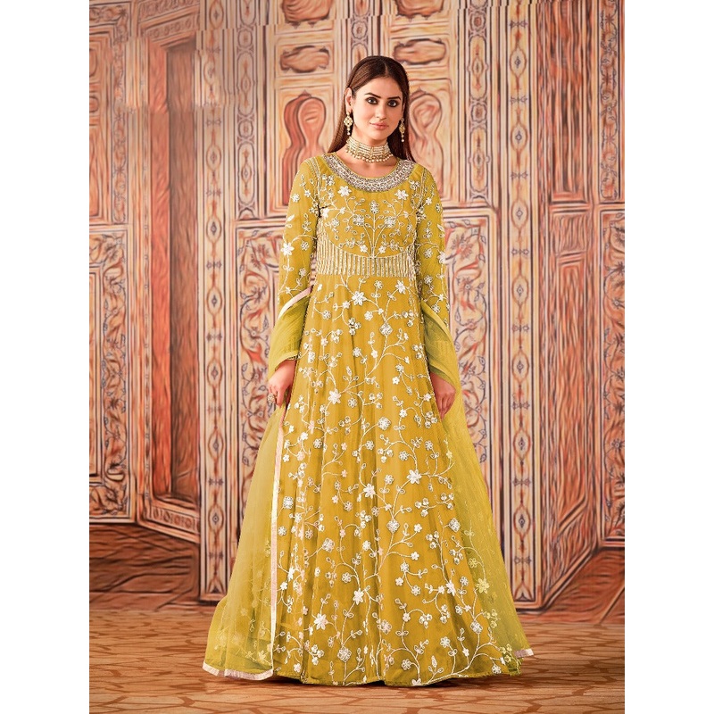 Abaya Style Yellow Thread Floor Length Anarkali Suit