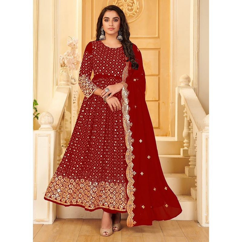 Appealing Red Foil Mirror Georgette Anarkali Suit