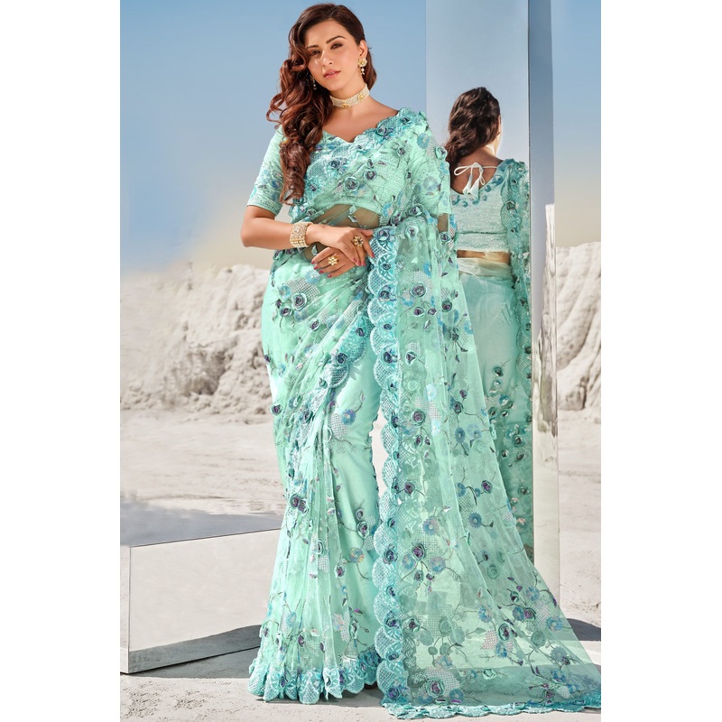 Arctic Blue Floral Embroidered Net Saree
