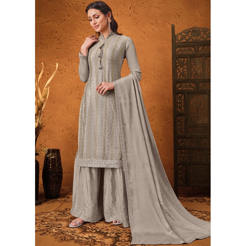 Ash Grey Chiffon Embroidered Sharara Suit