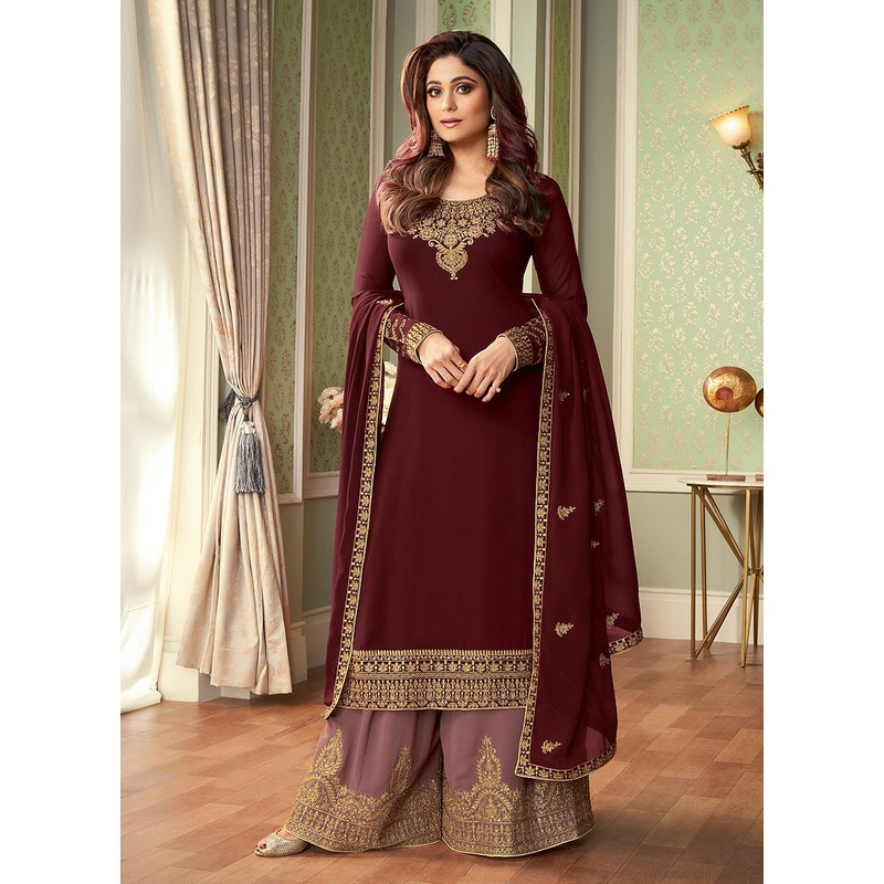 Astonishing Maroon Shamita Shetty Georgette Palazzo Suit