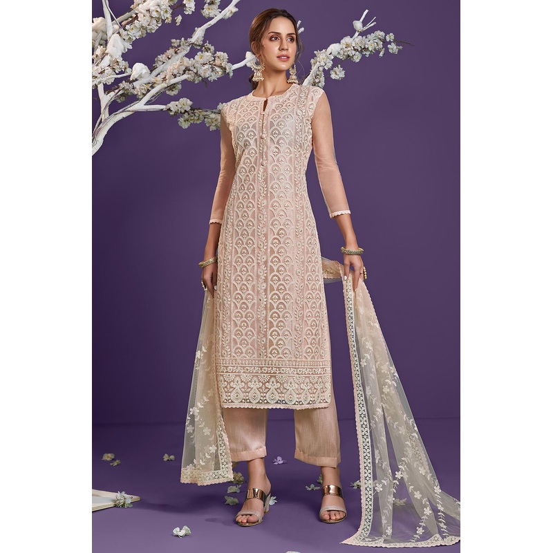 Baby Peach Lucknowi Chikankari Embroidered Pant Style Suit