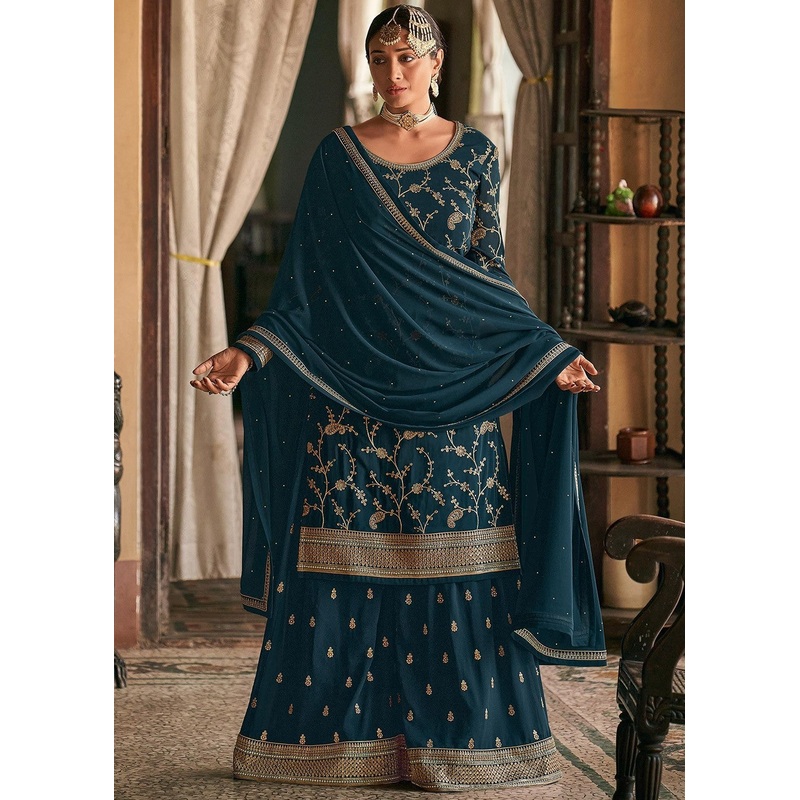 Blue Stone Work Embroidered Georgette Sharara Suit