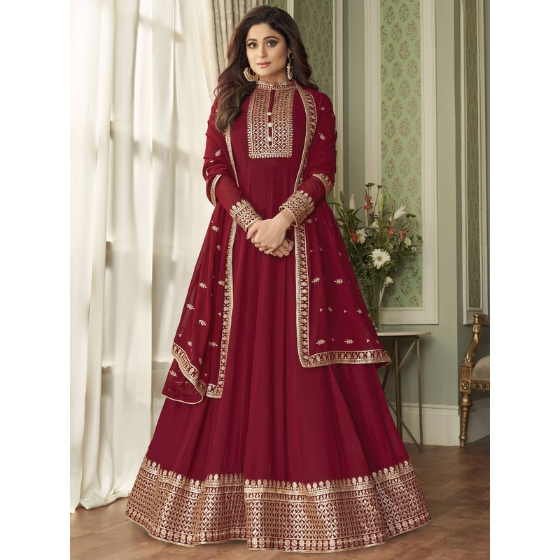 Bollywood Style Carmine Red Shamita Shetty Anarkali Suit