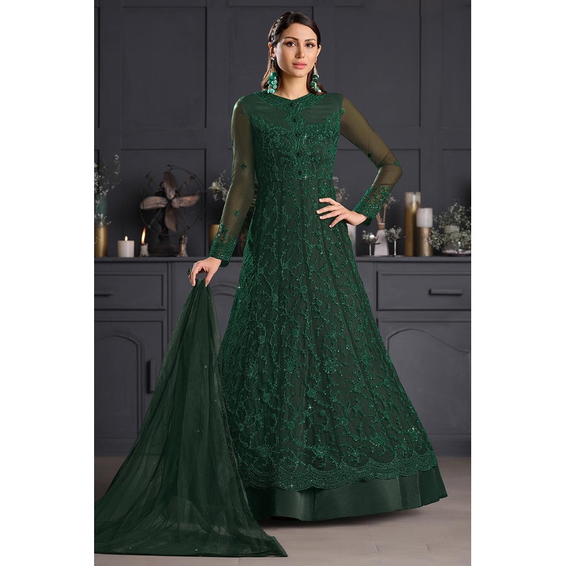 Bottle Green Butterfly Net Wedding Anarkali Suit