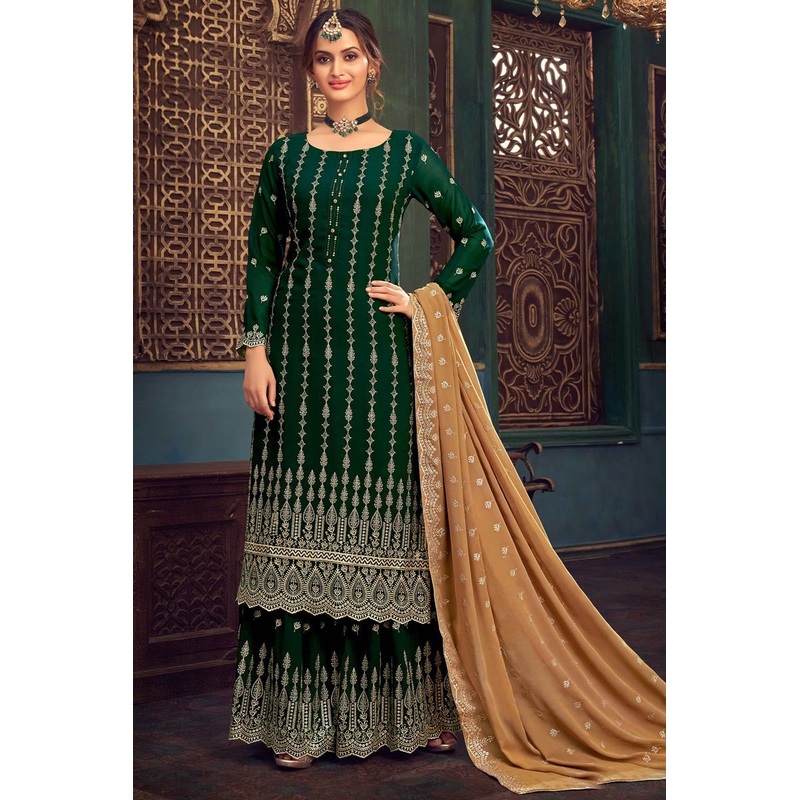 Bottle Green Faux Georgette Pakistani Sharara Suit