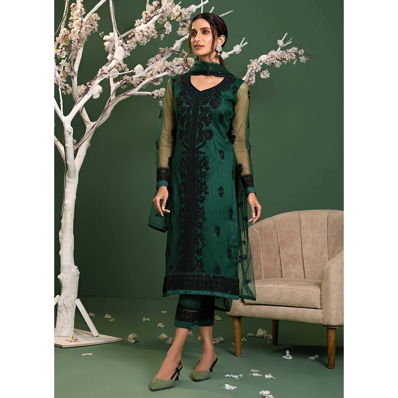 Bottle Green Straight Cut Pakistani Style Pant Suit