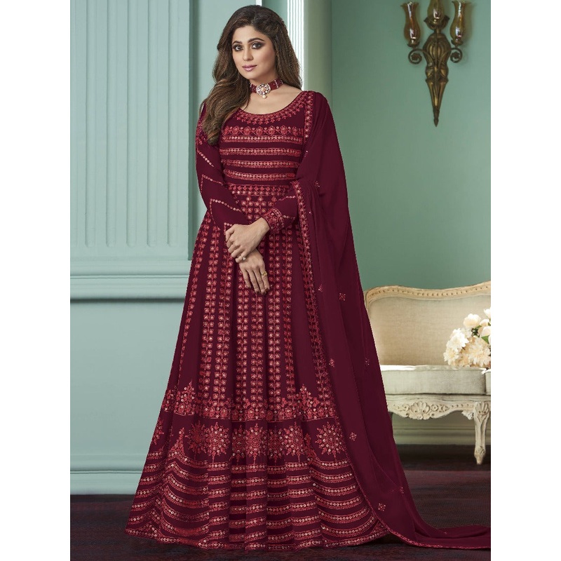 Breathtaking Maroon Anarkali Gown Featuring Shamita Shetty