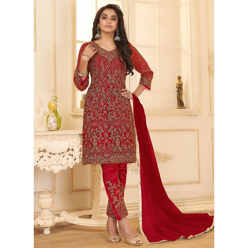 Bright Red All Over Embroidered Net Pant Style Suit
