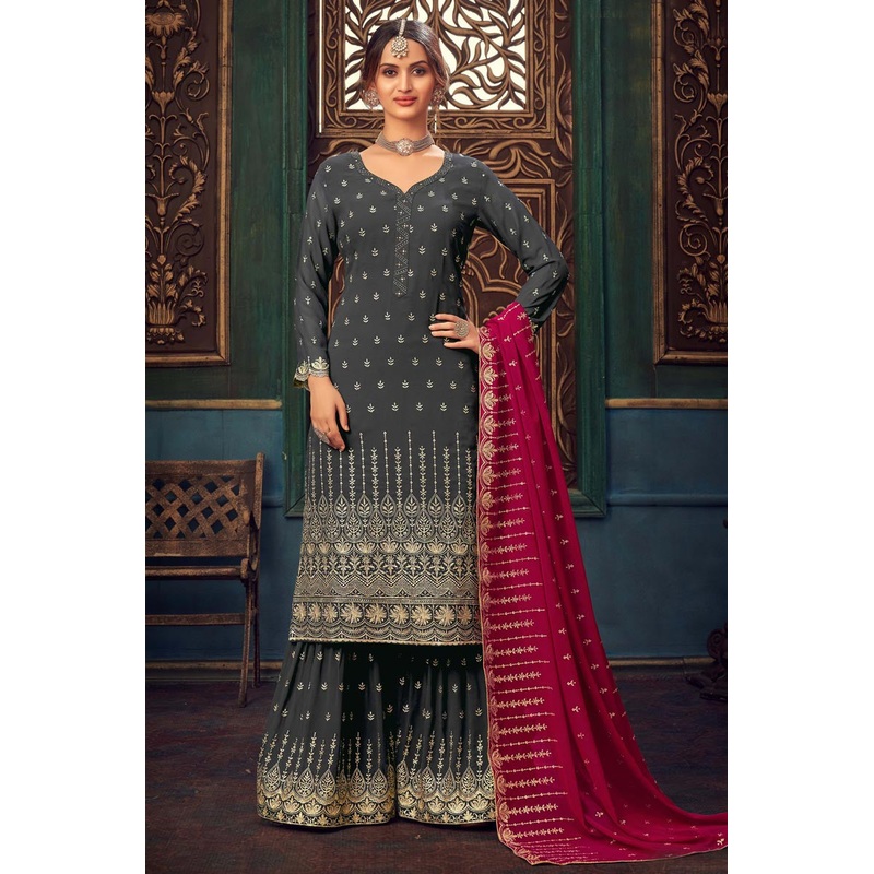 Charcoal Grey Faux Georgette Pakistani Sharara Suit