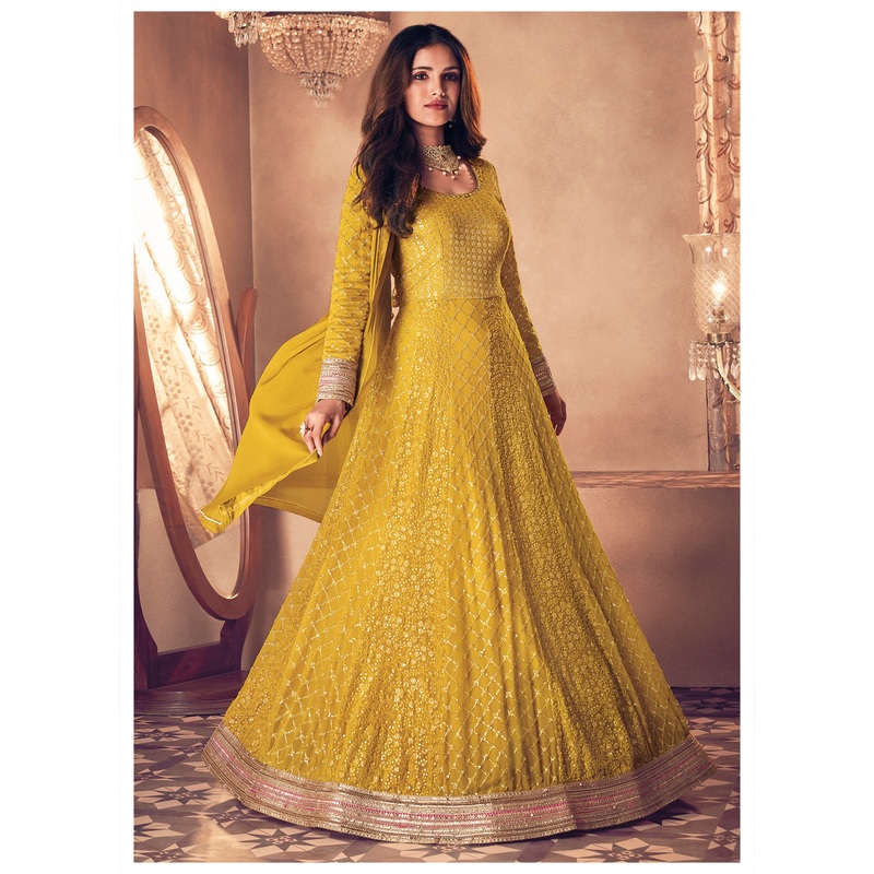 Charming Yellow Floor Length Sequins Work Anarkali Suit