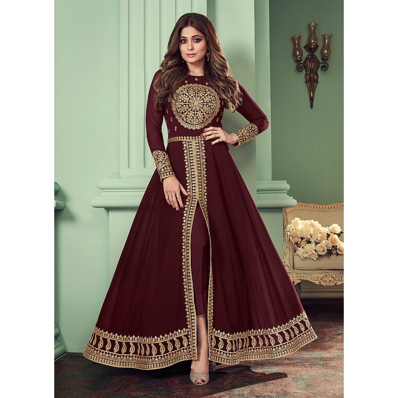 Chocolate Maroon Slit Style Anarkali Featuring Shamita Shetty