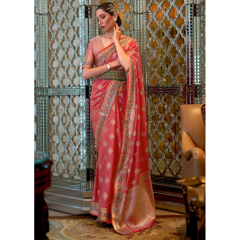 Coral Pink Banarasi Silk Authentic Indian Saree