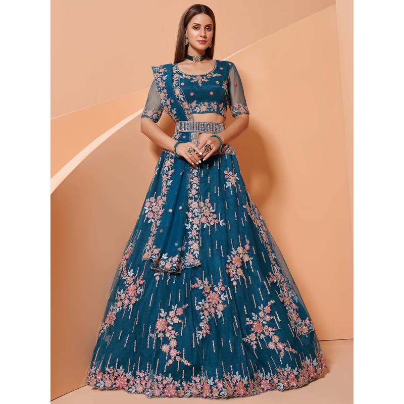 Cording Work Cerulean Blue Wedding Wear Lehenga Choli
