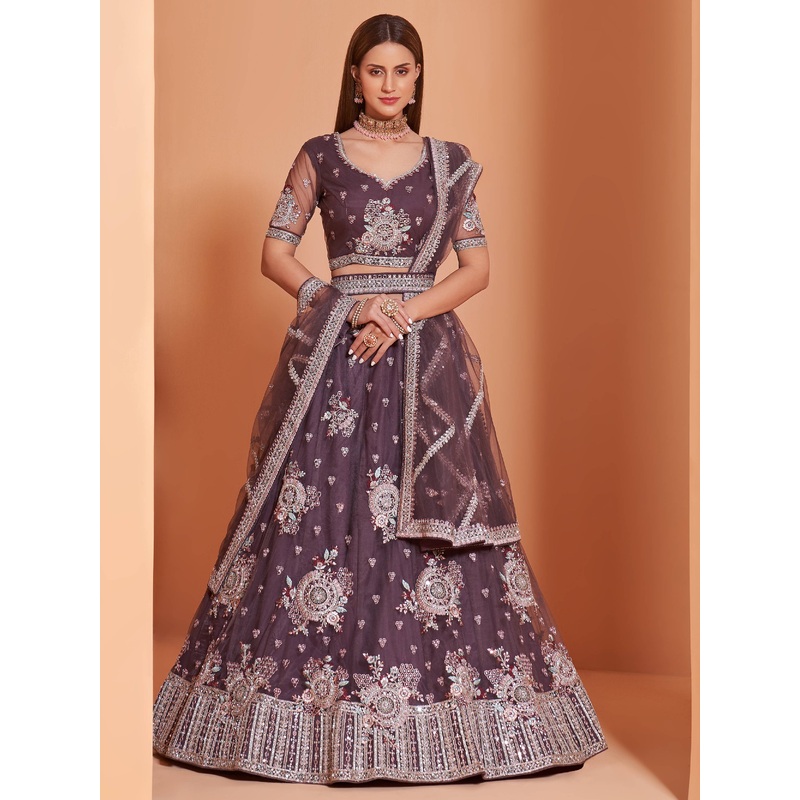 Cording Work Taupe Purple Wedding Wear Lehenga Choli