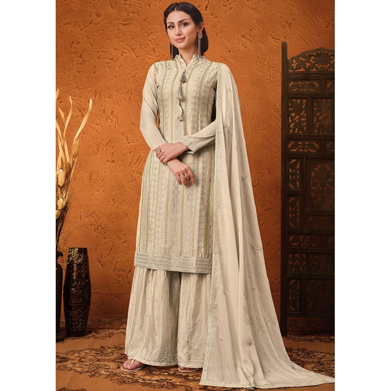 Cream Beige Chiffon Embroidered Sharara Suit