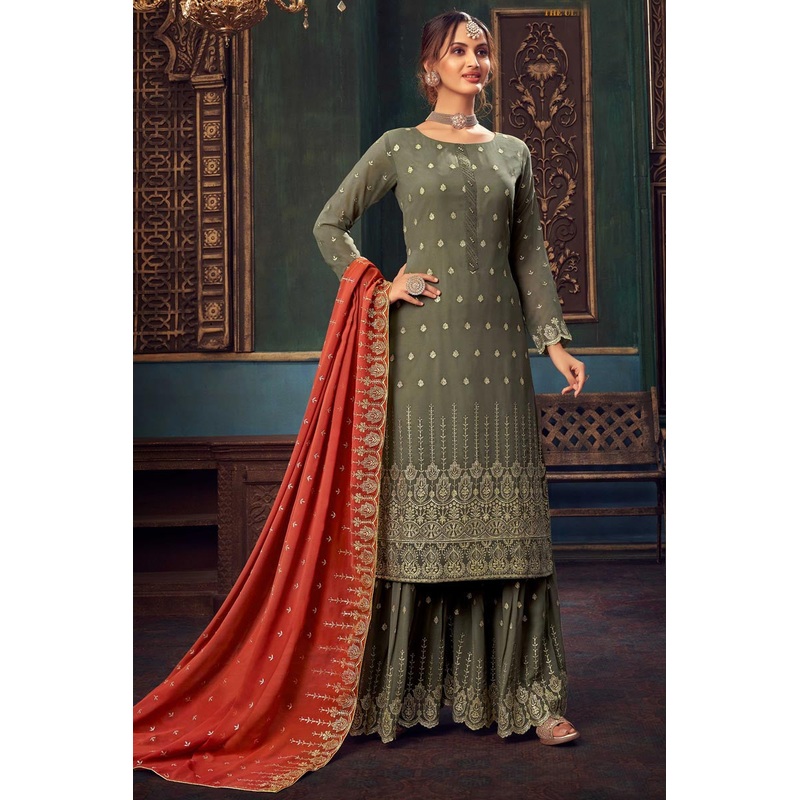Crocodile Green Faux Georgette Pakistani Sharara Suit