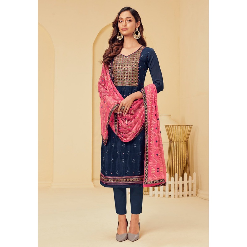 Dark Blue Pakistani Style Embroidered Suit