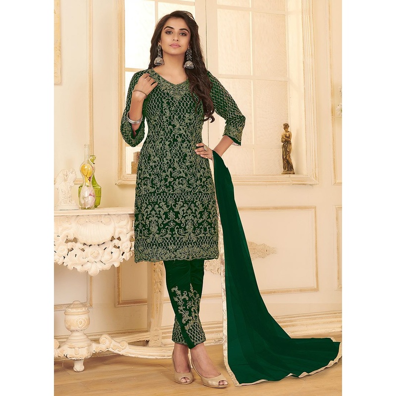 Dark Green All Over Embroidered Net Pant Style Suit