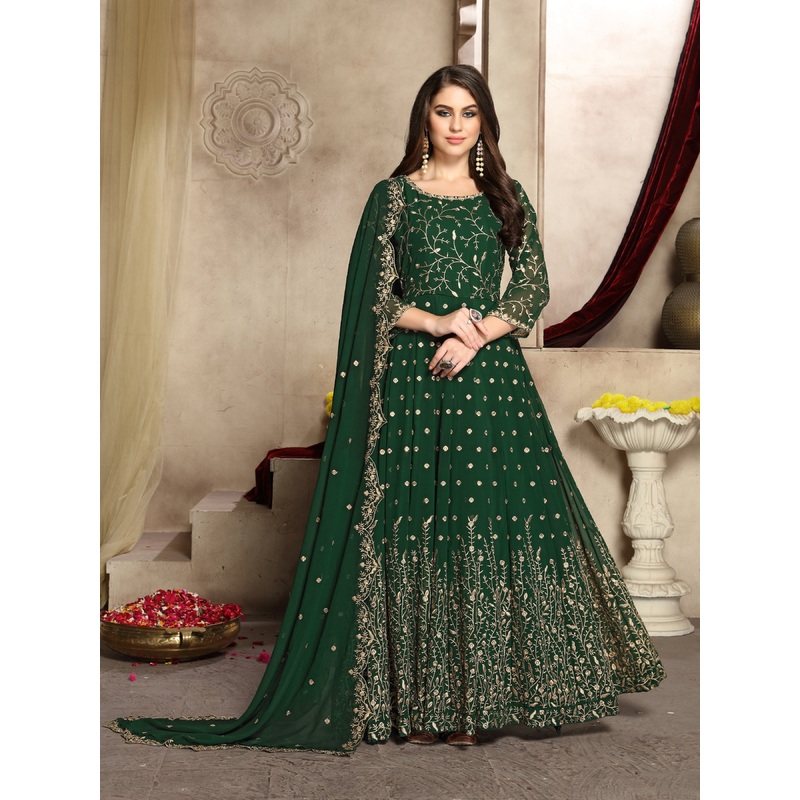 Dark Green Heavy Embroidered Georgette Anarkali Suit