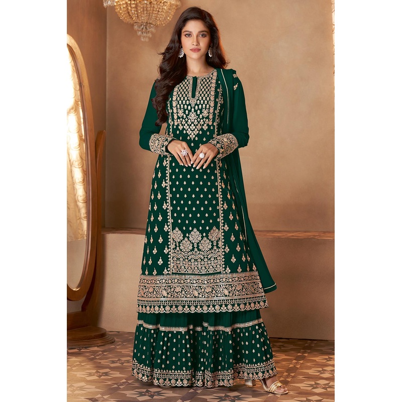 Dark Green Straight Cut Georgette Designer Sharara Suit