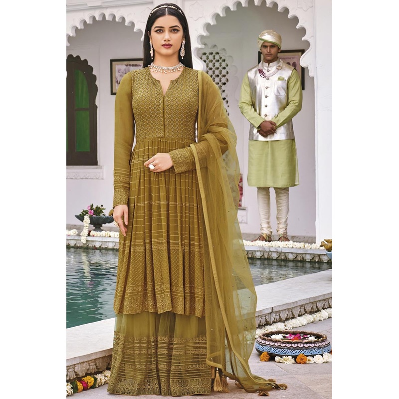 Dazzling Yellow Pure Georgette Embroidered Sharara Suit