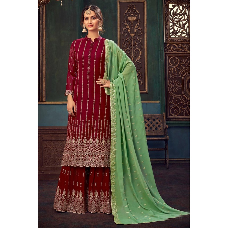 Deep Maroon Faux Georgette Pakistani Sharara Suit