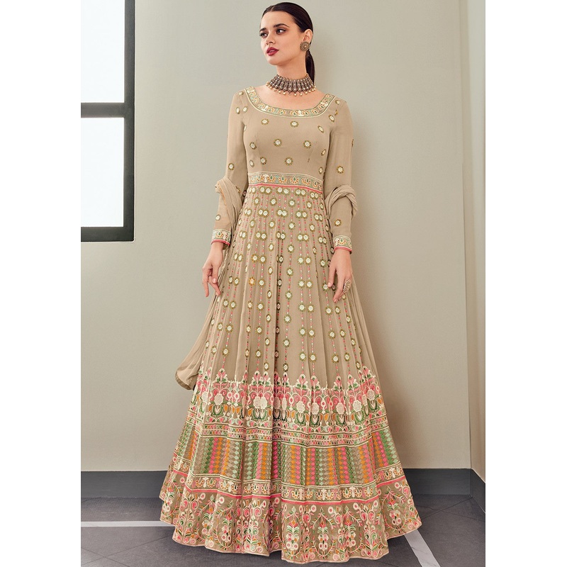 Demure Beige Multi Thread Embroidered Anarkali Suit