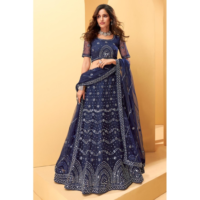 Denim Blue Mirror Work Embroidered Wedding Lehenga