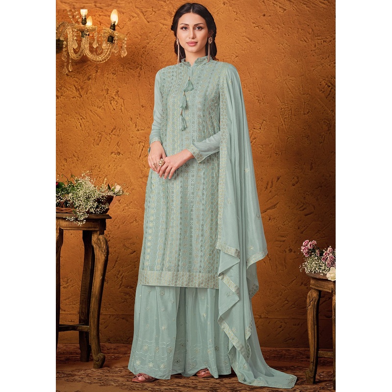 Dusty Blue Chiffon Embroidered Sharara Suit